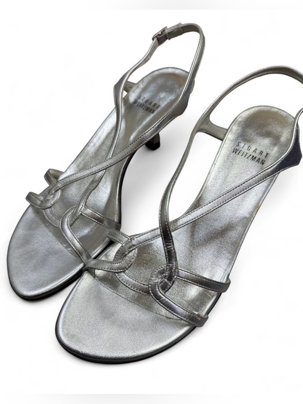 Stuart Weitzman Reversal Silver Leather Strappy Kitten Heel Sandals 6.5